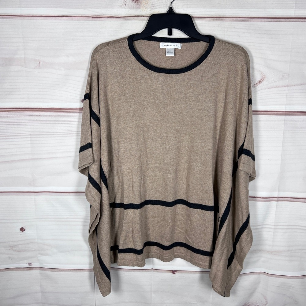 August Silk Poncho Sweater Womens Large Tan Striped Cotton Blend Pullover Preppy
